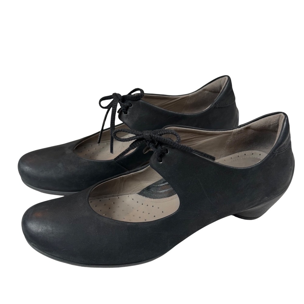 ECCO Sculptured Black Nubuck Leather Lace Up Mary Jane Pumps Heels Sz 41 Oxford